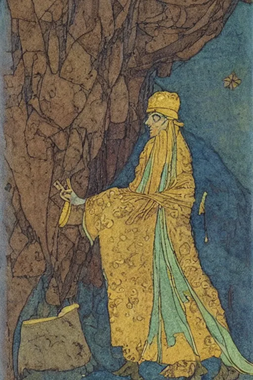 Image similar to illustration by Edmund Dulac showing Samuel Beckett as arabian sorcer, 1001 nights