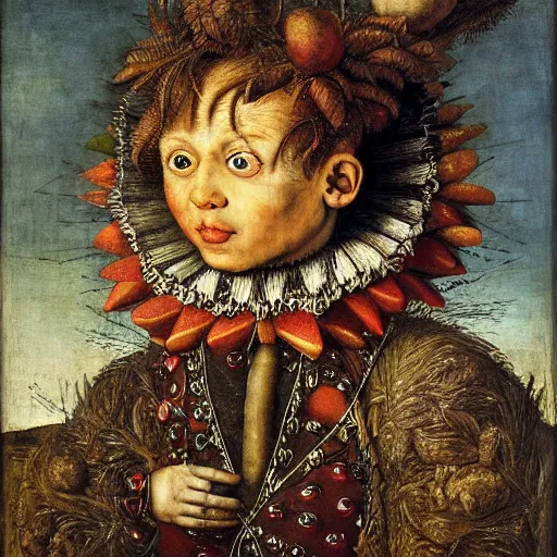 Image similar to a boy and his kite, by giuseppe arcimboldo, renaissance, portrait, fruit, detailed oil paint, high definition