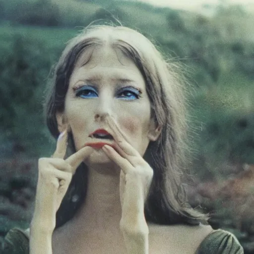 Prompt: beautiful woman with a long dangly nose, with extra eyeballs, in the countryside 1974 arthouse film, archival footage, technicolor film expired film