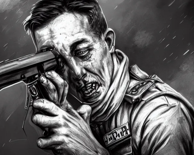 Image similar to A soldier aiming a gun, face in despair, world war 1, close-up, realistic face, beautiful face detail, mature facial features, black and white, amazing digital art, hyper detailed, artstation, in the style of Tony Sart