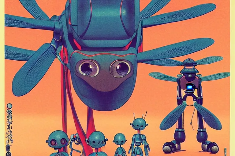 Image similar to gigantic dragonflies with human faces catch tiny robots, a lot of exotic mechas robots around, human heads everywhere, risograph by kawase hasui, edward hopper, satoshi kon and moebius, no text!, colorful flat surreal design, super - detailed, a lot of tiny details, fullshot