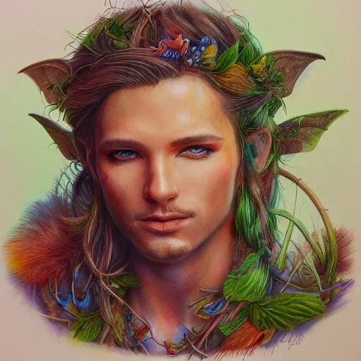 Prompt: hyper realistic color pencil drawing of a male fairy druid, D&D Art, detailed, rim light, diffused, intricate, axe, by anna dittmann