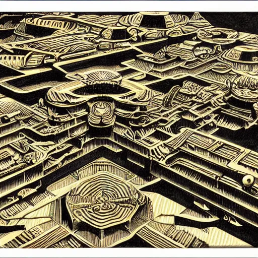 Prompt: view of alien city by mcdonald's escher, 4 k,