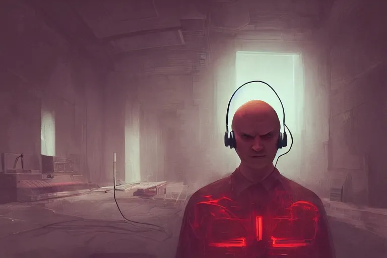 Image similar to an expressive portrait of agent 4 7 wearing headphones in a monastery, dark background, red rim light, digital art, artstation, concept art by giger stalenhag