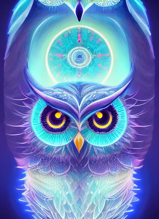 Image similar to symmetry!! product render poster vivid colors divine proportion owl, ice and snow, glowing fog intricate, elegant, highly detailed, digital painting, artstation, concept art, smooth, sharp focus, illustration,