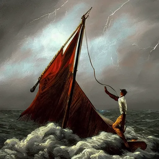 Image similar to stunning painting of a man holding the wheel on a schooner ship during a strong storm, epic concept art