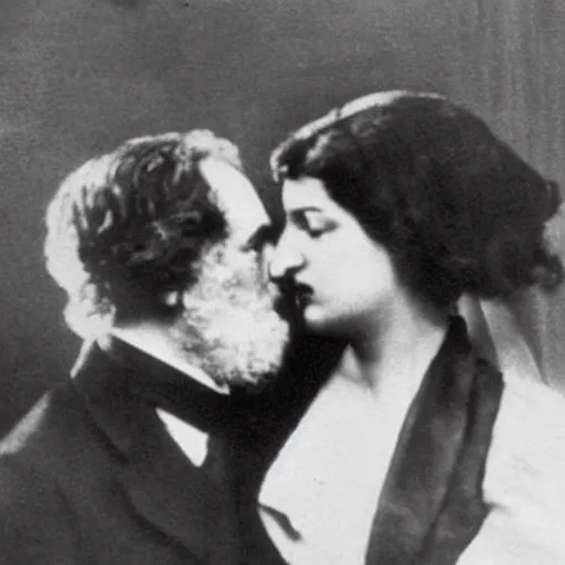 Image similar to Karl Marx and Ayn Rand kissing, wedding photo, 1920, Church backround