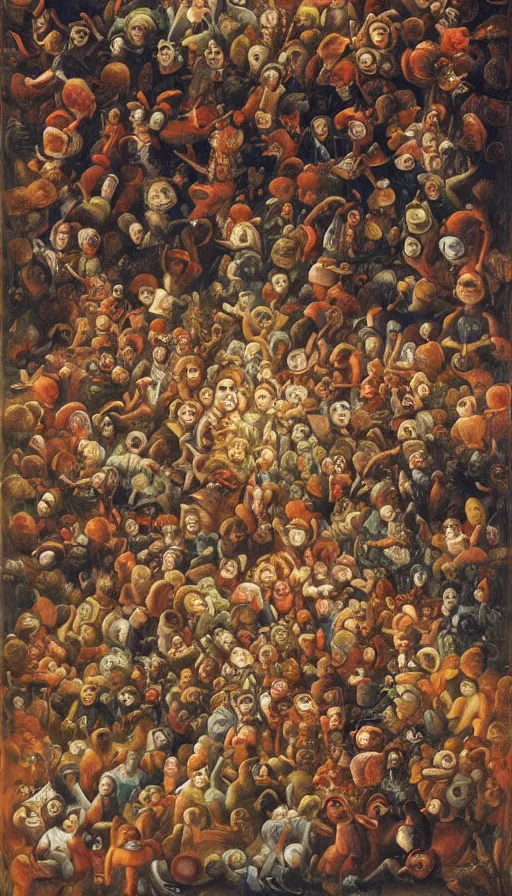 Image similar to Johfra bosschart painting of a bunch of people floating in the sky