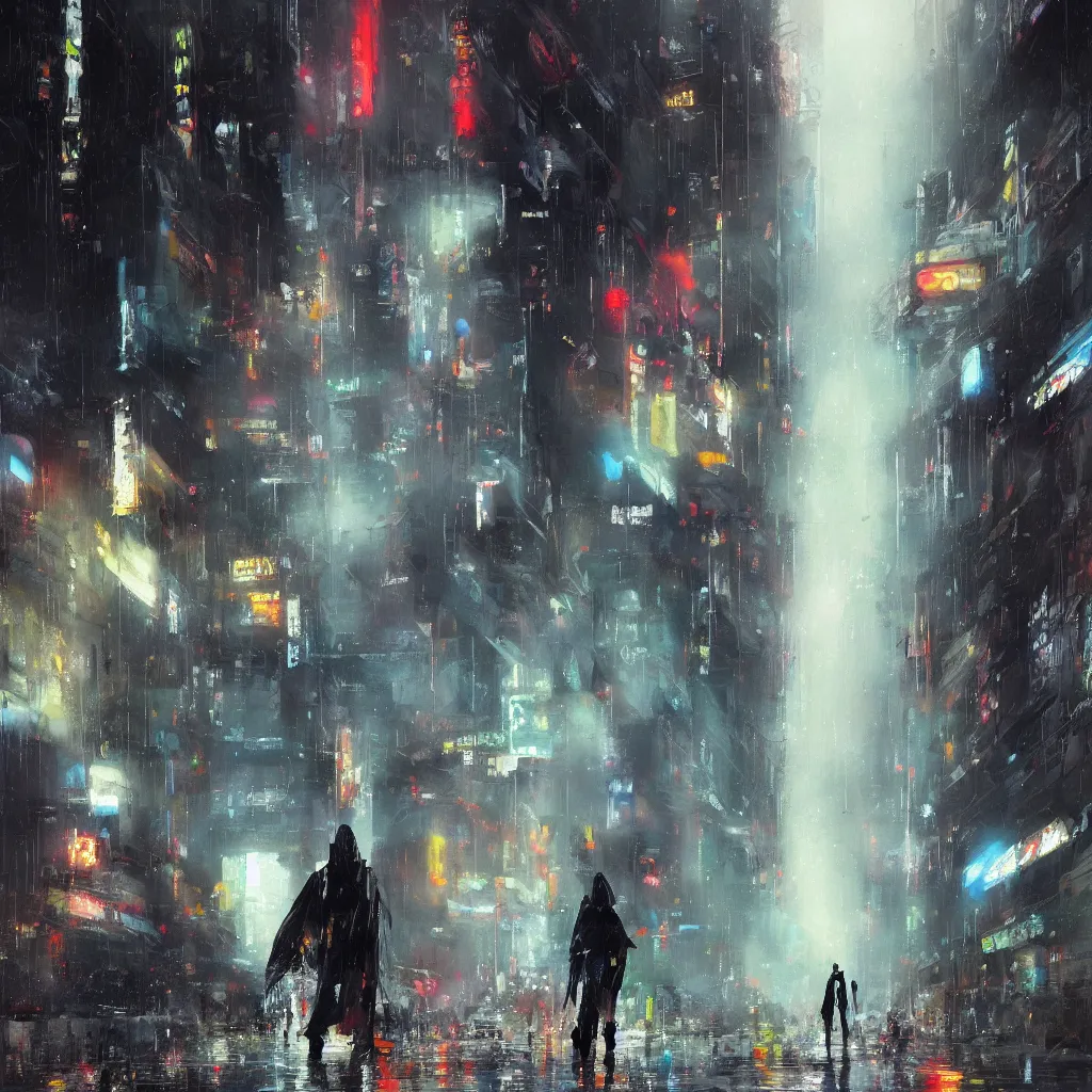 Prompt: painting of an android wearing a cape, standing in the streets of a rainy cyberpunk city, walking towards camera, low angle, fog, wide angle, by John Berkey, trending on art station