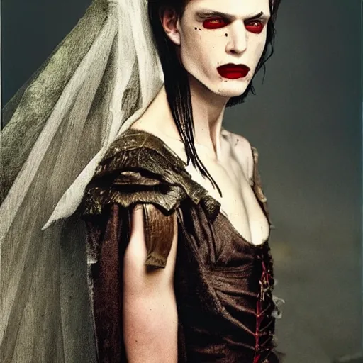 Image similar to head and shoulders vogue fashion photo portrait of a male vampire, d & d, fantasy, medieval castle, year 1 1 8 9, annie liebovitz