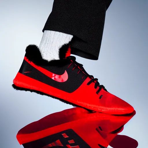 Image similar to nike model shoe made of very fluffy red and black faux fur placed on reflective surface, spiderman colors professional advertising, overhead lighting, heavy detail, realistic by nate vanhook, mark miner