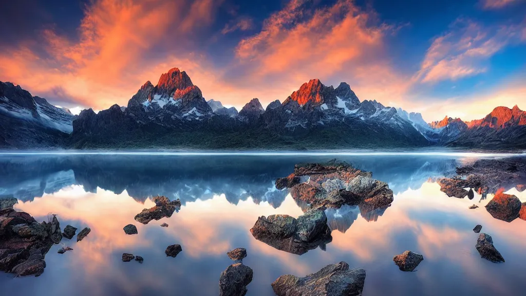 Image similar to amazing landscape photo of mountains with lake in sunset by marc adamus, beautiful dramatic lighting