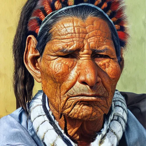 Prompt: high quality high detail painting by lucian freud, hd, side view portrait of a indigenous tribe leader, photorealistic lighting