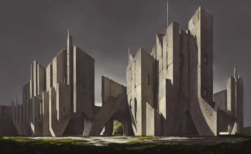 Image similar to exterior shot of utopian english brutalist medieval stronghold architecture with cinematic lighting by zaha hadid peter zumthor and renzo piano and, darek zabrocki and greg ruthkowski, simon stalenhag, cinematic, holy place, paradise, scifi, futurism, atmospheric, concept art, artstation, trending on artstation