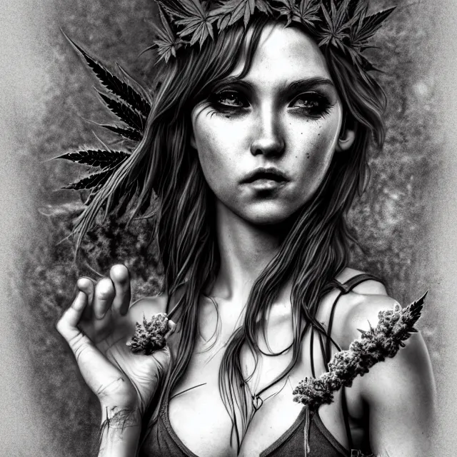 Prompt: full body pose, beautiful adult marijuana fairy, grungy, grunge, highly detailed, 4 k, hdr, smooth, sharp focus, high resolution, award - winning photo, artgerm, photorealistic