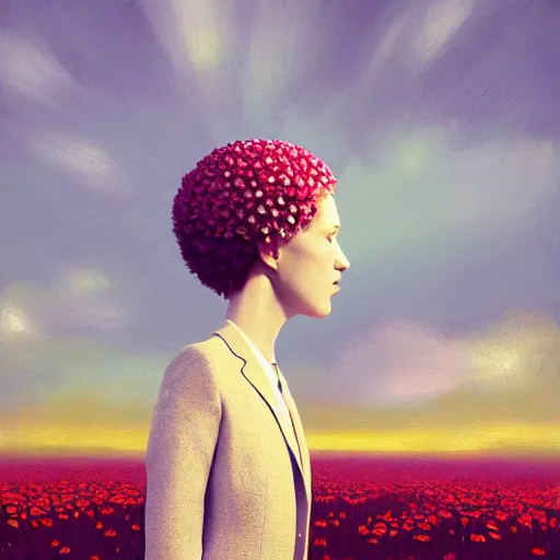 Image similar to giant daisy flower head, portrait, a girl in a suit, surreal photography, sunrise, dramatic light, impressionist painting, digital painting, artstation, simon stalenhag