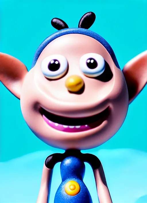 Prompt: a hyperrealistic lowbrow oil panting of a looney kawaii vocaloid figurine caricature with a big dumb goofy grin and pretty sparkling anime eyes featured on wallace and gromit by studio trigger