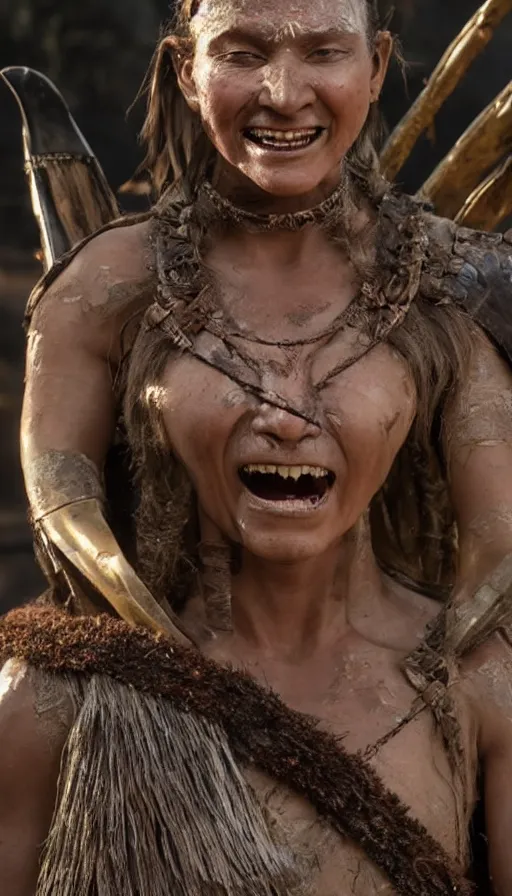 Image similar to sweated smiling ancient princess tribewoman in berserk, partially destroyed armor inspired monster hunter, low shot camera, muscular, symmetrical face, clean face, subtle make up, debris and arrows flies around her, frozen time effect,dramatic lighting, cinematic, establishing shot, extremely high detail, photorealistic, 300 the movie,monster hunter the movie, dune the movie, cinematic lighting, artstation, octane render, western,old photo, vintage