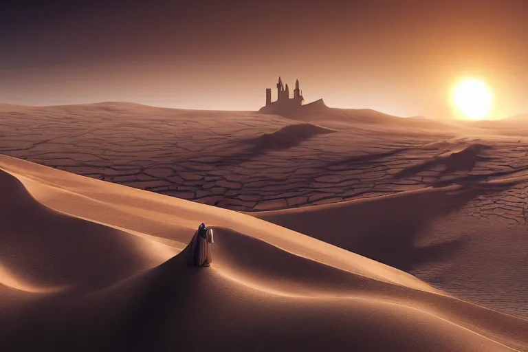 Image similar to single fantasy castle in foreground in the desert sands with rolling sand dunes in the background and a scorching sun moving through the cloudless sky, illustrated by Greg Rutkowski and Gaston Bussiere, 35mm lens, beautiful macro close-up imagery, intense hot lighting, beautiful volumetric-lighting-style atmosphere