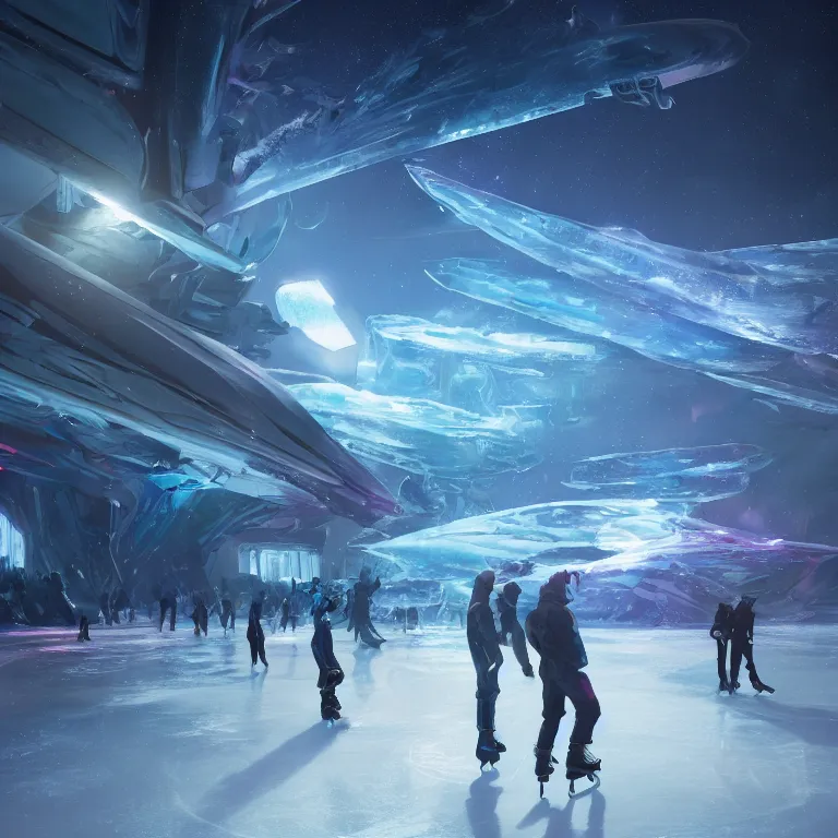 Image similar to ice skating on a distant world by Tooth Wu and wlop and beeple and dan mumford and greg rutkowski. halo. octane render, cinematic, hyper realism, octane render, 8k, depth of field, bokeh. iridescent accents.