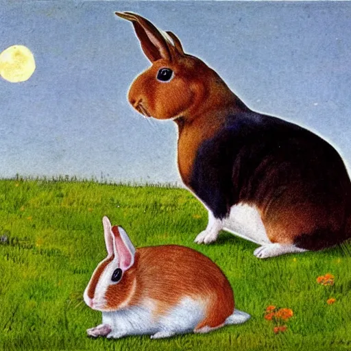 Prompt: a rabbit, a guinea pig, sitting on a grassy beach, watching the moon, in the style of carl larsson
