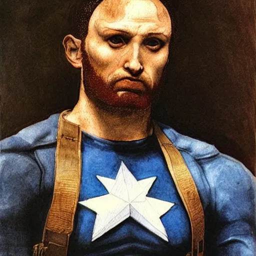 Image similar to captain America snaps, and looses his mind, hyper detailed, portrait, watercolor, by Leonardo da Vinci