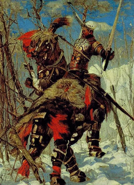 Image similar to warrior inspired a painting Heroes (Bogatyri) Viktor Vasnetsov