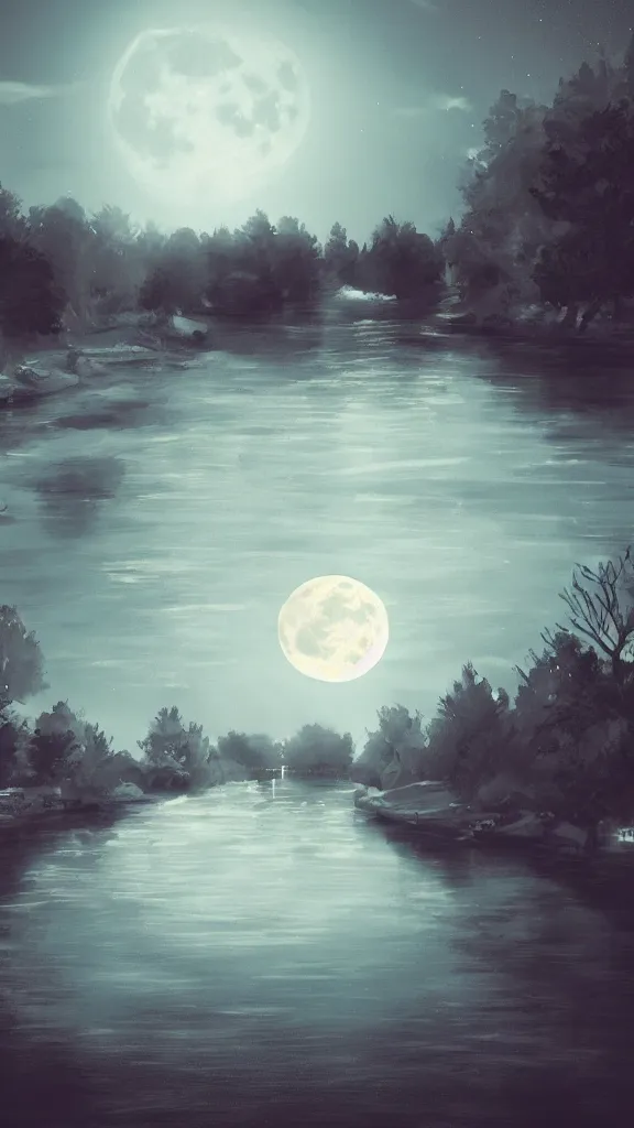 Prompt: the night, the big moon, the river, artstation, dslr, ray tracing reflections