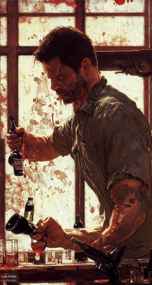 Image similar to close up of bloodied max payne pouring a drink, sun shining, photo realistic illustration by greg rutkowski, thomas kindkade, alphonse mucha, loish, norman rockwell.