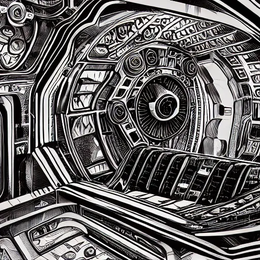 Prompt: intricate mechanical interior of a 1 9 7 0 s spaceship, victorian goth, retro, trending on art station, 4 k wallpaper