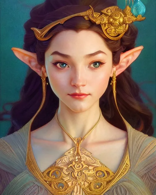 Image similar to portrait of disney! zelda, intricate, elegant, highly detailed, my rendition, digital painting, artstation, concept art, smooth, sharp focus, illustration, art by artgerm and greg rutkowski and alphonse mucha and uang guangjian and gil elvgren and sachin teng and wlop!, symmetry!!