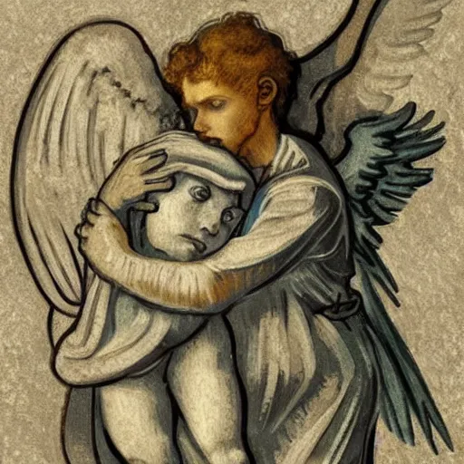 Prompt: guardian angel protecting child by michelangelo and Van Gogh, very detailed, deviantart, artstation