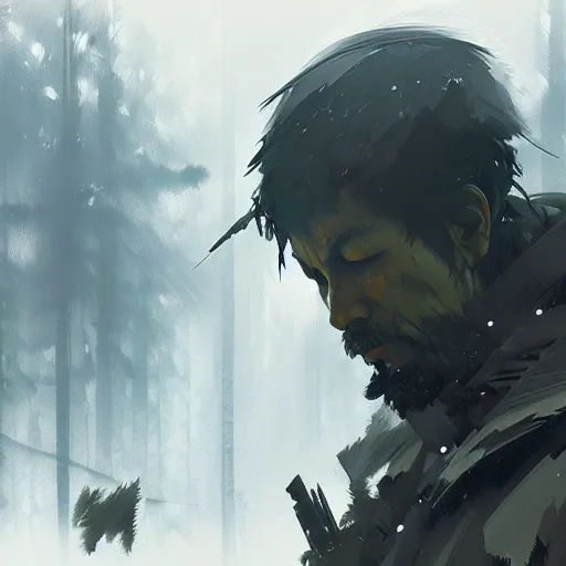 Image similar to man in the desolate forest looking for wifi by Akihito Yoshitomi AND Yoji Shinkawa AND Greg Rutkowski, Mark Arian trending on artstation