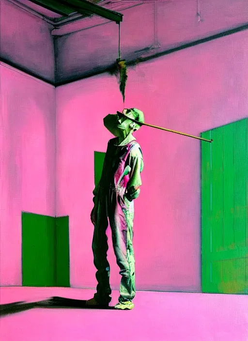 Image similar to an insane, skinny, artist wearing overalls, expressive, painting the walls inside a grand messy studio, hauntingly surreal, highly detailed painting by francis bacon, edward hopper, adrian ghenie, gerhard richter, and james jean, soft light 4 k in pink, green and blue colour palette, cinematic composition,