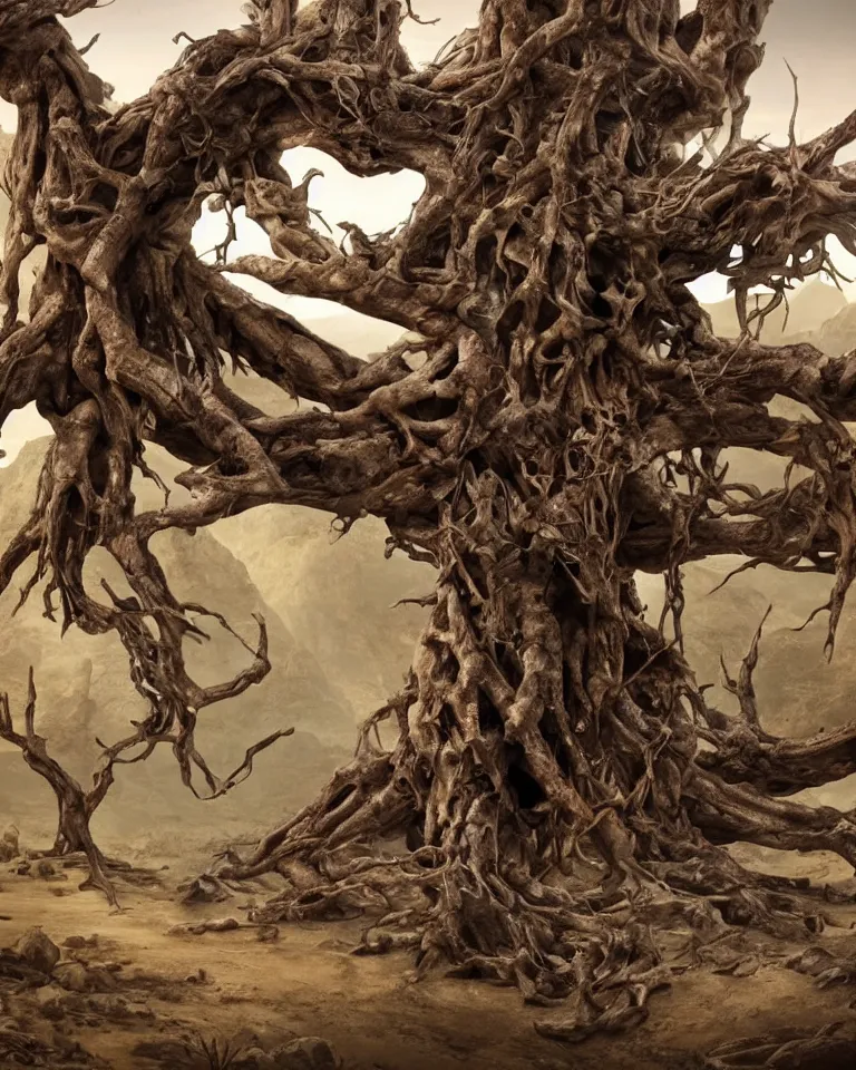Prompt: A giant mythical wretched tree made of human flesh, limbs and bones growing in the middle of a desert canyon filled with dangerous creatures.