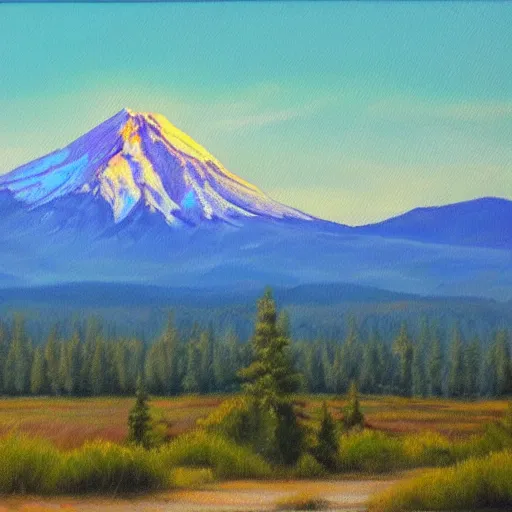 Prompt: a beautiful oil painting of Mt Shasta from Mt Shasta CA