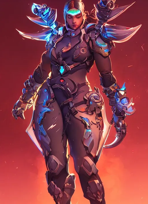 Image similar to beautiful new character for overwatch, character concept art, full body armor, dual wielding swords, super powers, long red hair, symmetry, intricate design, shiny, highly detailed, hd, dramatic lighting, art by artgerm and greg rutkowski