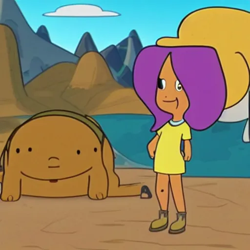 Prompt: kim kardashian in adventure time riding on jake the dog