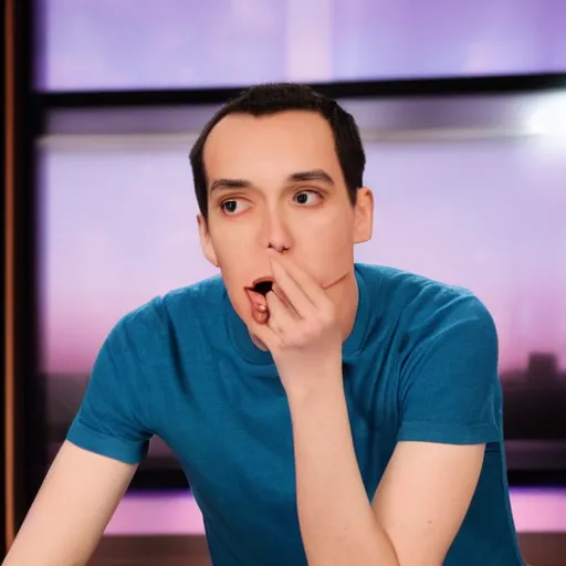 Prompt: a thin guy with an overbite on a quiz tv show