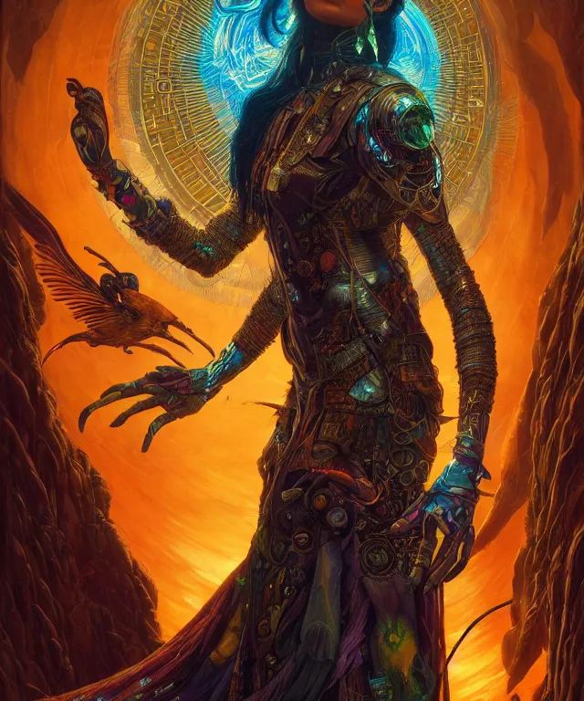 Prompt: a beautiful tarot card artwork of a cyberpunk nature shaman, backlit, highly detailed, digital painting, by karol bak and eddie mendoza and dan mumford and artgerm, vivid colors, masterpiece, detailed shading, 8 k resolution, intricate, smooth
