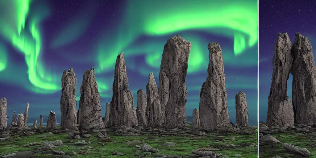 Prompt: highly detailed photoreal eldritch biomechanical rock monoliths, stone obelisks, aurora borealis, psychedelic