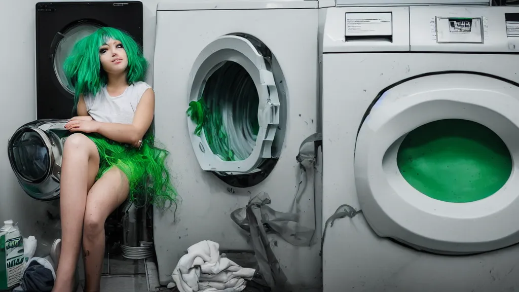 Prompt: a girl with green hair sitting on top of a washing machine in a laundromat