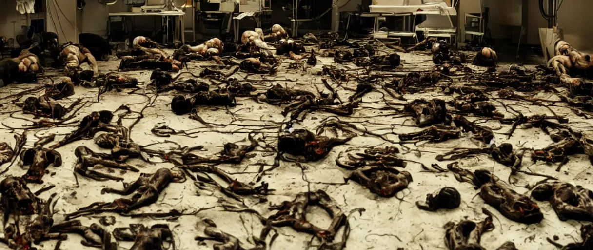 Prompt: filmic closeup dutch angle movie still 4k UHD 35mm film color photograph of a dozen burnt corpses with frozen pained expressions, on the floor of a a science lab , in the style of a 1980s horror film