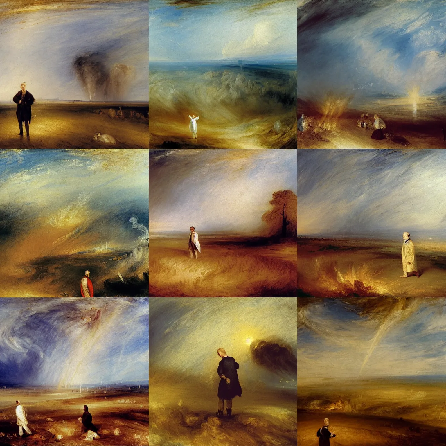 Prompt: a Man in a long robe standing in a field while an air plane battle is happening above him oil painting J.M.W. Turner