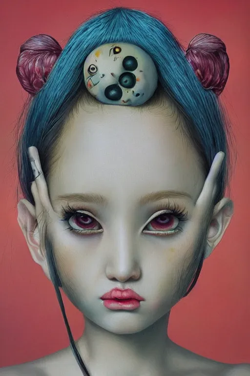 Image similar to pop surrealism, lowbrow art, realistic cute girl painting, japanese street fashion, hyper realism, muted colors, trevor brown style