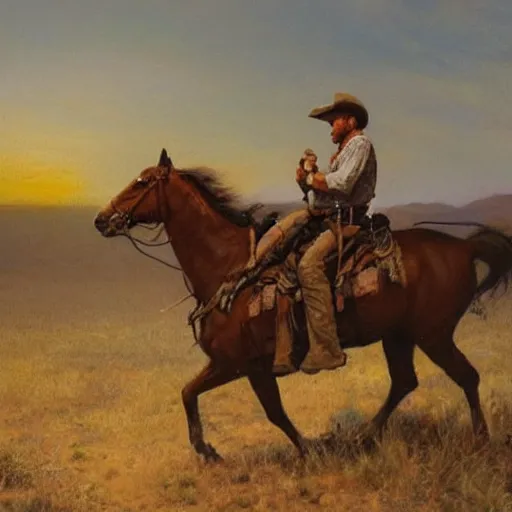 Prompt: Cowboy riding on the frontier at sunset. Painting by Remington, oil on canvas