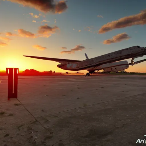 Image similar to photo of a 8k ultra realistic abandoned airport, planes, jets, sunset, cinematic lighting, trending on artstation, enreal engine 5, masterpiece,