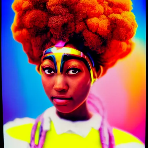 Image similar to head and shoulders portrait of an afrofuturism anime magical girl, color Graflex photograph