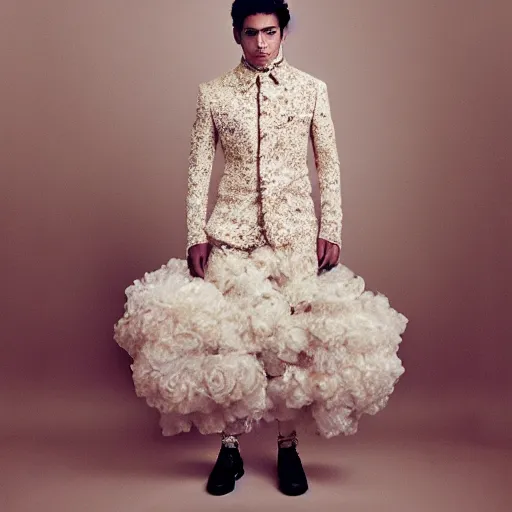 Prompt: a portrait of a beautiful young mexican male wearing alexander mcqueen couture , photographed by andrew thomas huang, artistic