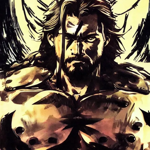 Image similar to portrait jesus in a jojo pose about to fight the final boss, illustration by yoji shinkawa